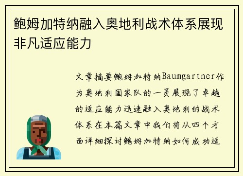 鲍姆加特纳融入奥地利战术体系展现非凡适应能力